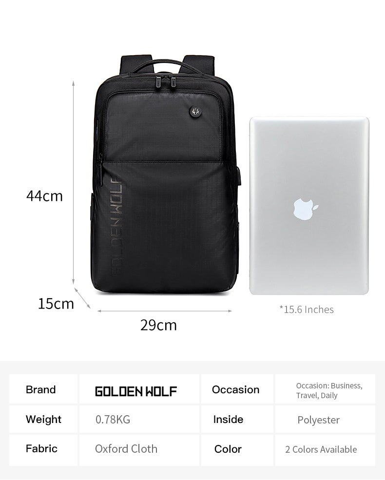 Golden Wolf Water-Resistant Laptop Backpack 14.1 Inch - Black - Image 2